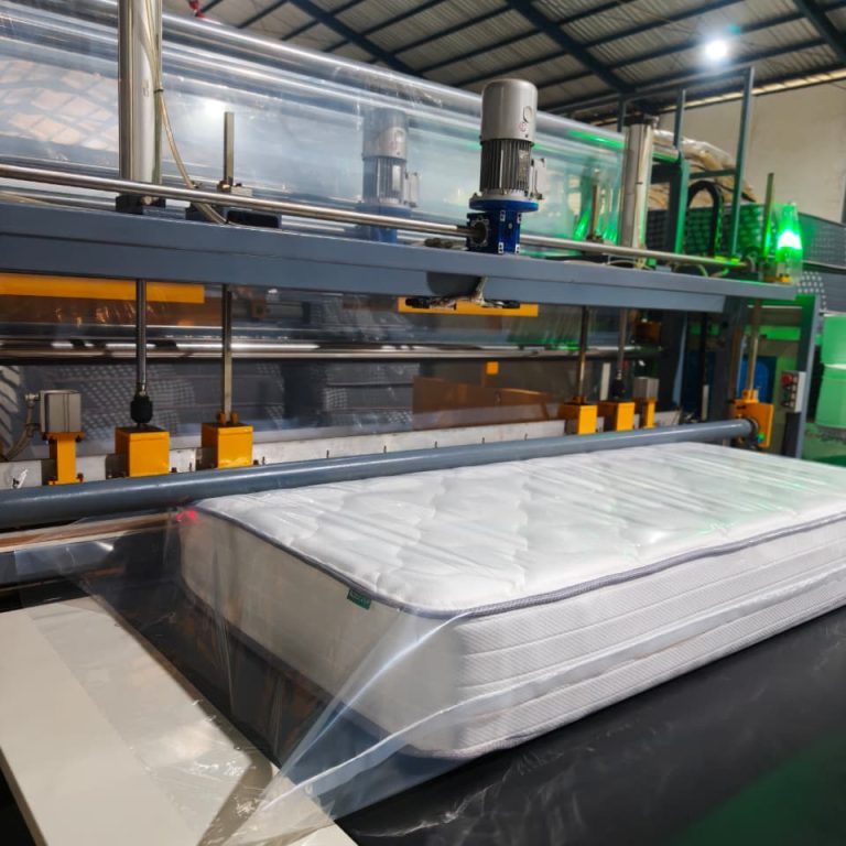 Completed mattress on the factory finishing line